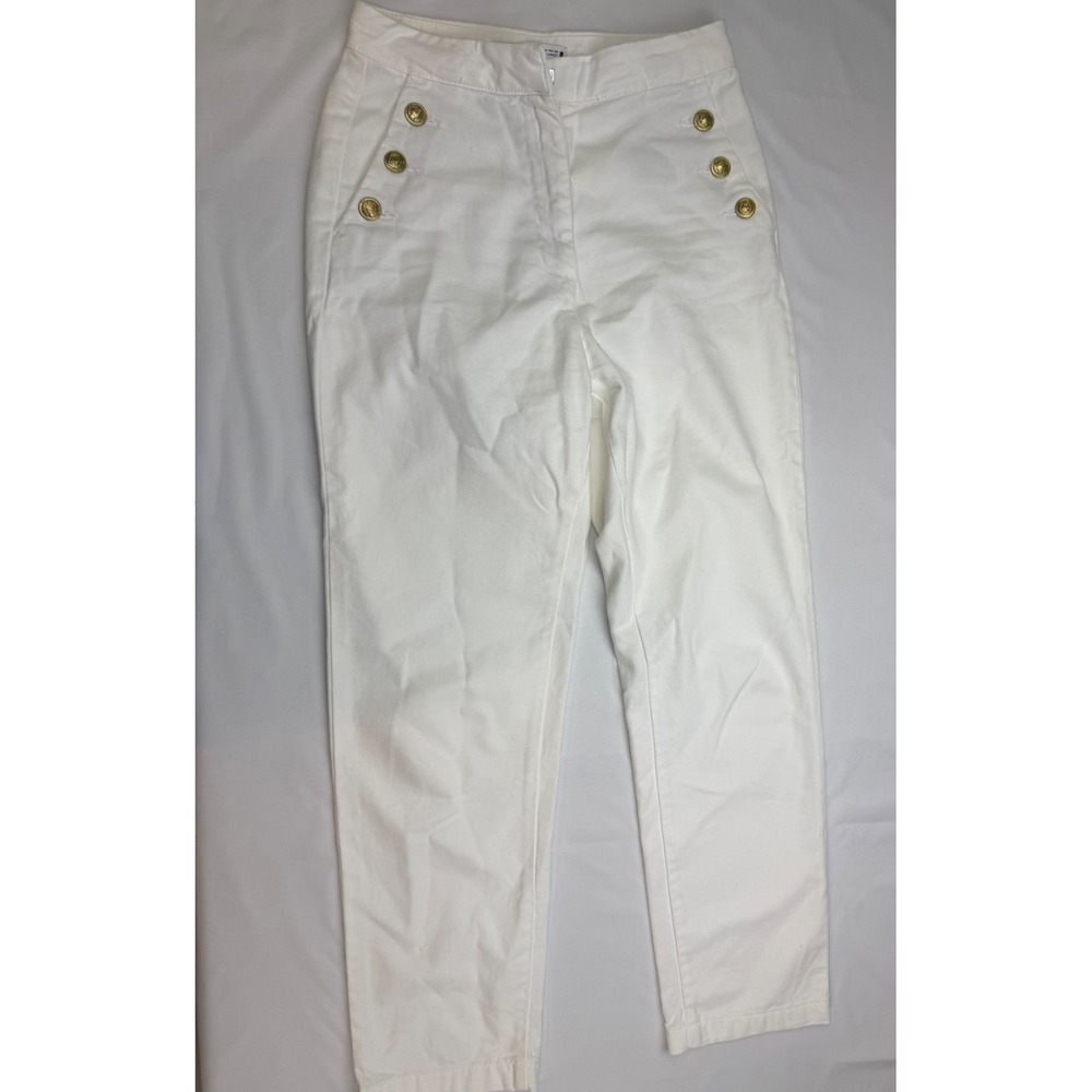 Zara White Sailor Pants Gold Button High Waisted Straight Leg Denim Womens 28